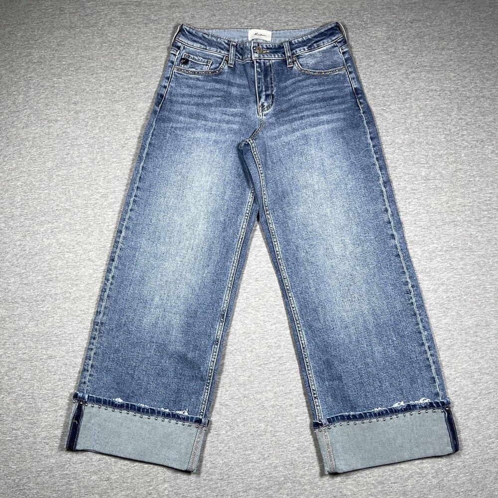 KanCan Jeans Womens 5/26 Blue Wide Leg Cropped Cuffed Studded Distressed